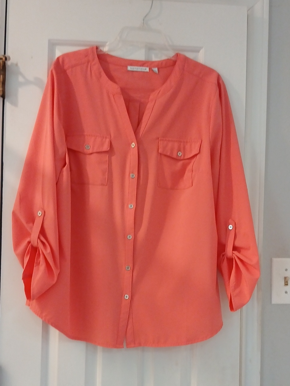Notations Coral Button-Front Roll-Tab Blouse